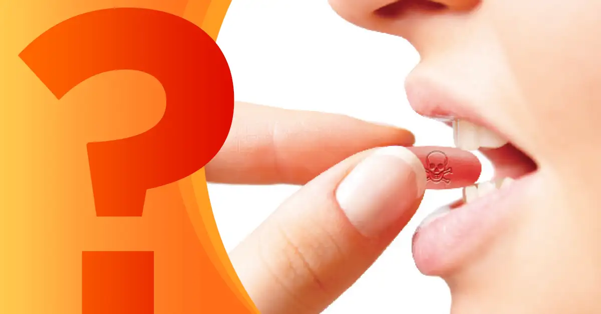 Are_you_taking_the_wrong_vitamins Woman about to swallow a pill marked with a skull, beside a large question mark